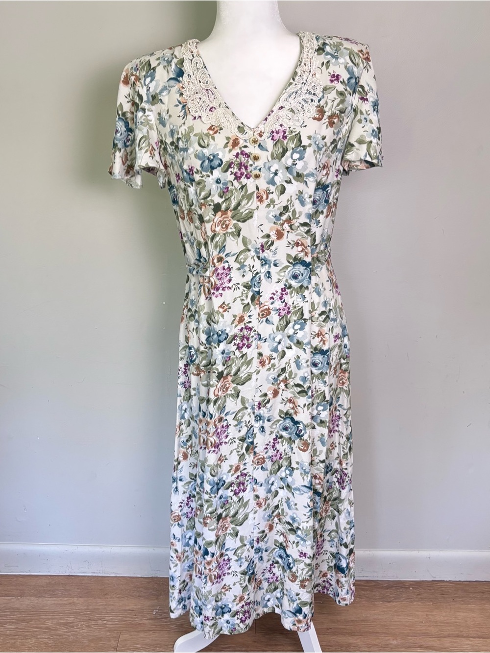 Vintage 90s L.A. Gal Floral Midi Dress-Lace Collar-Sz 9/10-Cottagecore/Romantic